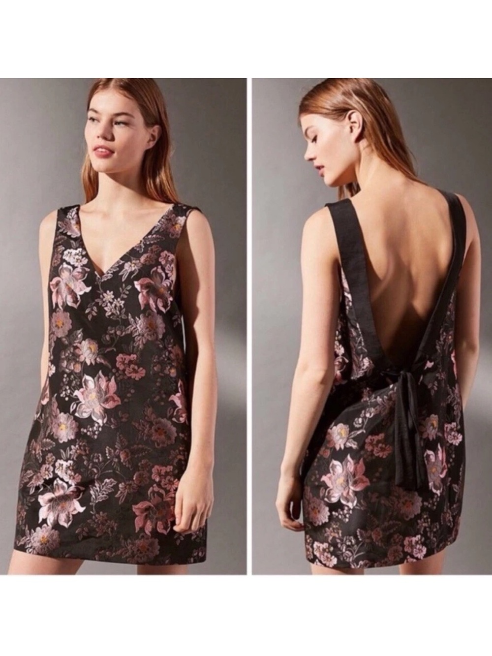 Urban Outfitters Jacquie Floral Jacquard V-Neck Sheath Dress - Black & Rose